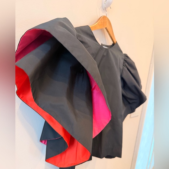 ZARA Black Dramatic Puff Sleeve Blouse Womens M Statement Top Pink Lined - Picture 3 of 6
